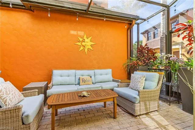 a building outdoor space with patio furniture