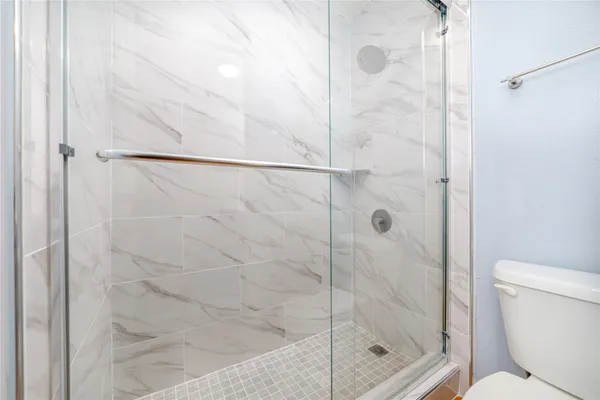 a bathroom with a shower and toilet