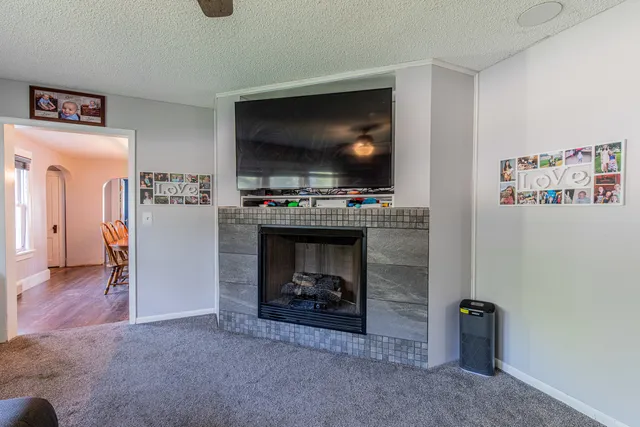 a living room with furniture and a fireplace