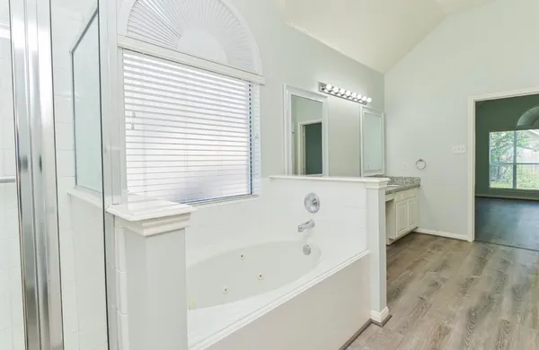 a bathroom with a bathtub a mirror a sinks and a shower