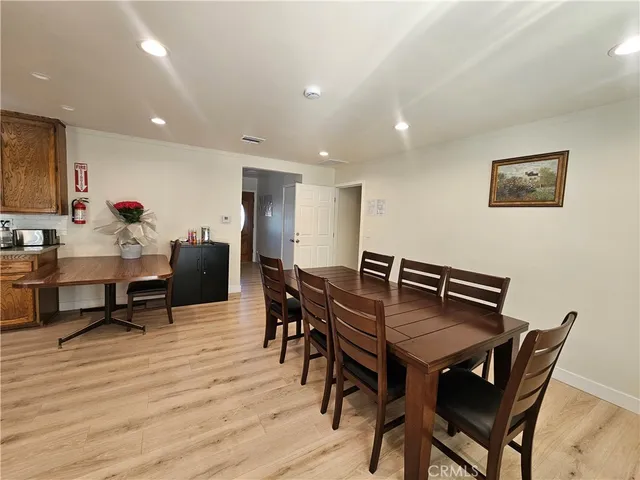 a view of a dining room with furniture