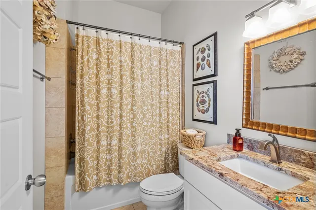 a bathroom with a granite countertop sink toilet a mirror and shower curtain