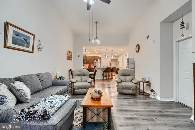 a living room with furniture ceiling fan and a rug