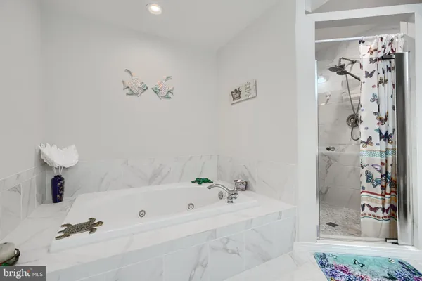 a bathroom with a bathtub and shower