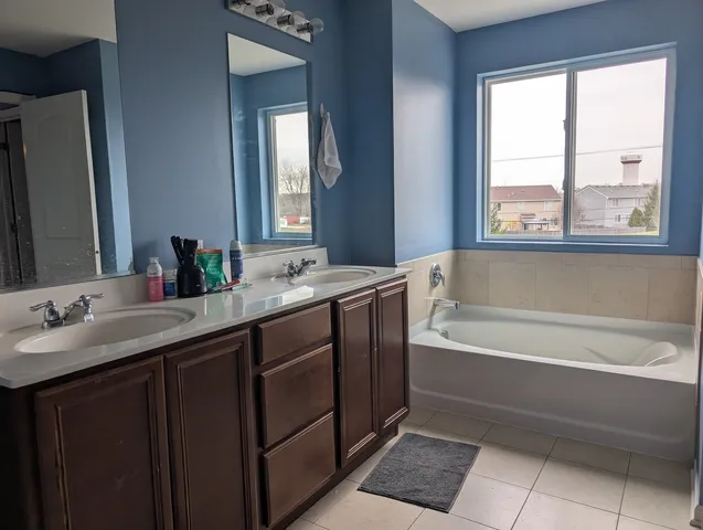 a bathroom with a double vanity sink bathtub and next to a window