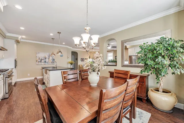 a dining room with furniture potted plants and wooden floor