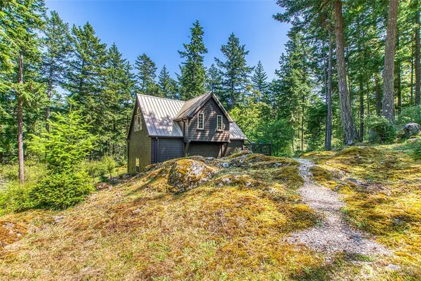 a view of a house with a small yard and covered with tall trees