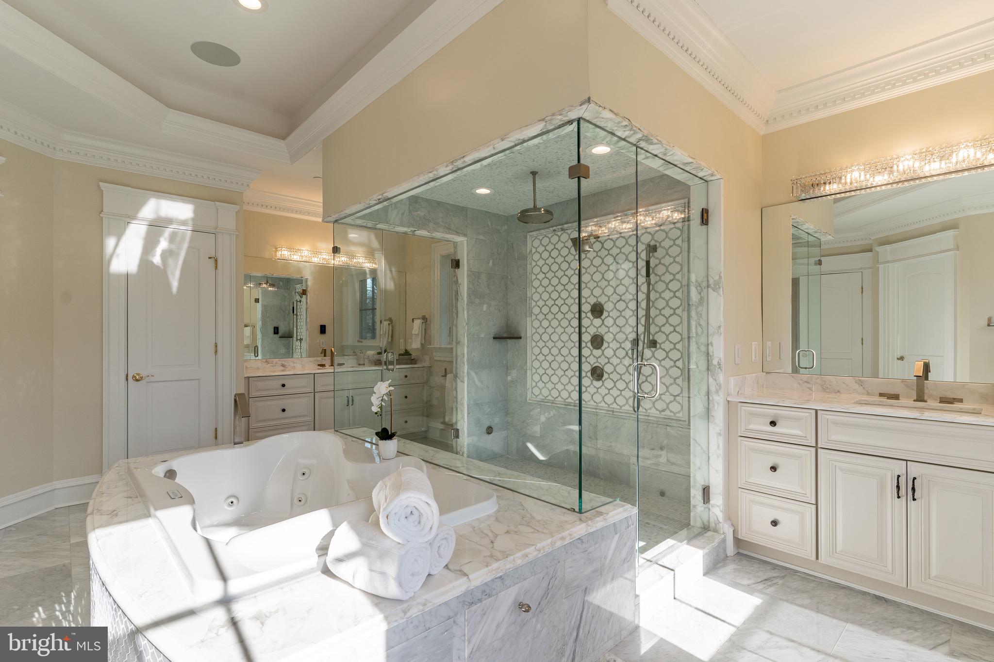 10110 Chapel Road Potomac, MD 20854 - Photo 19 of 28 a spacious bathroom with a granite countertop sink a mirror a shower and a bathtub