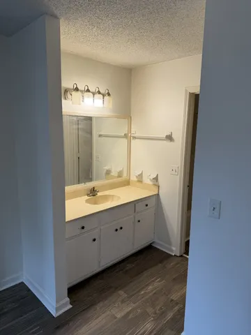 a bathroom with a double vanity sink and mirror