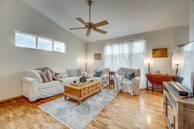 a living room with furniture ceiling fan and a rug