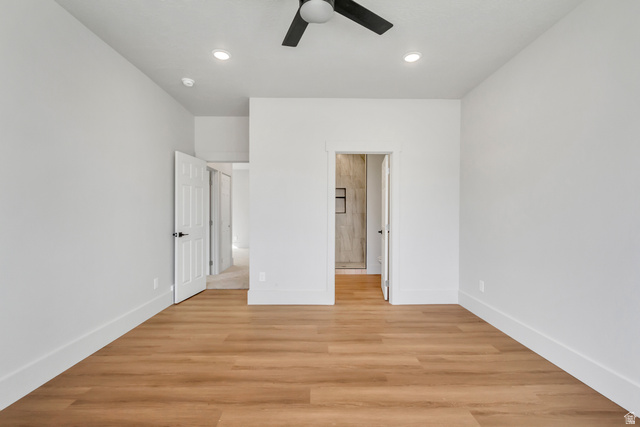 547 North Hvn Drive Mapleton, UT 84664 - Photo 12 of 23 Unfurnished bedroom with light wood-style floors, a ceiling fan, recessed lighting, and connected bathroom