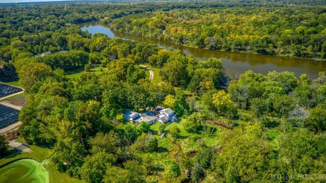 a view of a lake with a garden