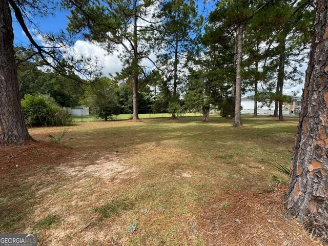 a view of a field with trees in front of it