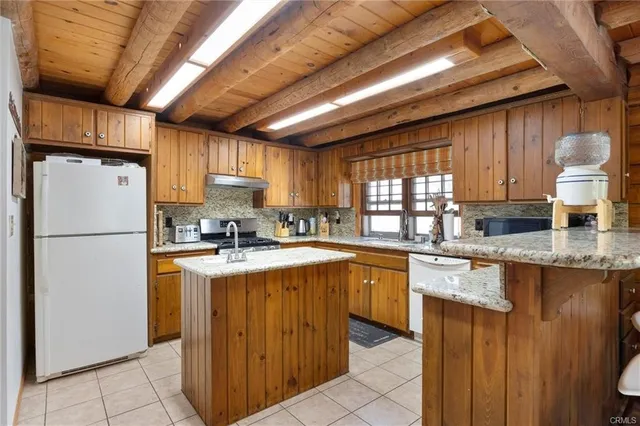 a kitchen with granite countertop a refrigerator stove top oven a sink and dishwasher