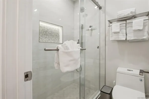 a bathroom with a toilet and a shower