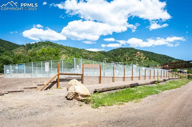 a view of a garden with a slide