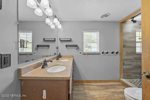 a bathroom with a sink a toilet and a mirror