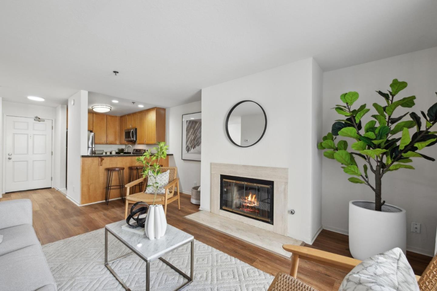 300 Murchison Drive, Unit 123 Millbrae, CA 94030 - Photo 5 of 25 a living room with furniture a fireplace and a potted plant