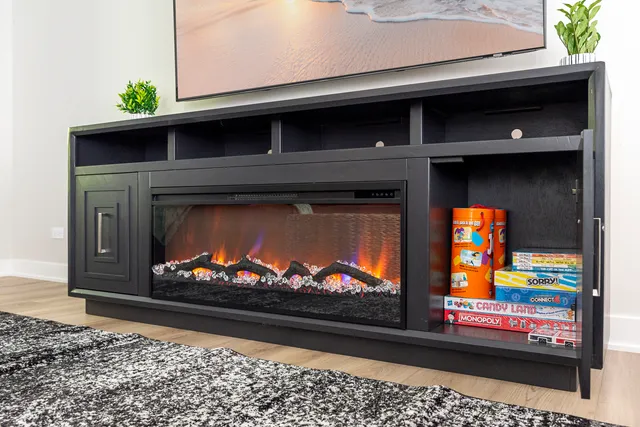 a living room with a fireplace