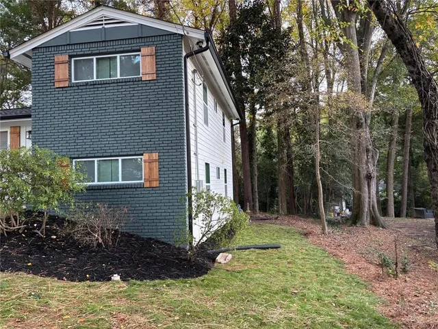 a view of a forest with trees in the background