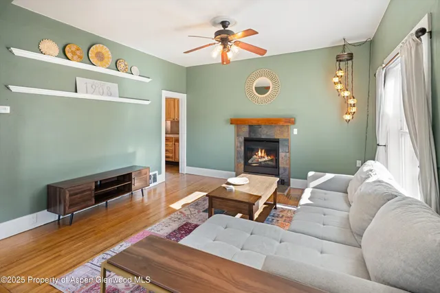 a living room with furniture and a fireplace