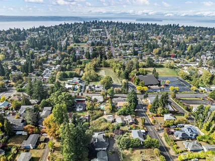 an aerial view of a house with a garden