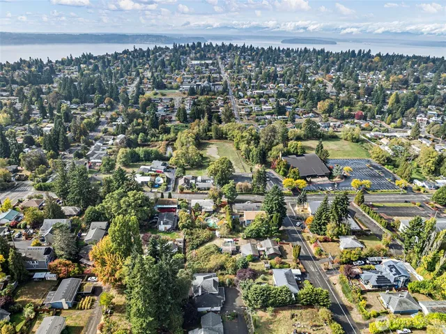 an aerial view of a house with a garden