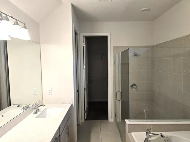 a bathroom with a tub sink shower and a mirror