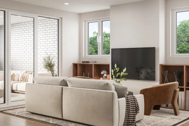 a living room with furniture a flat screen tv and a large window