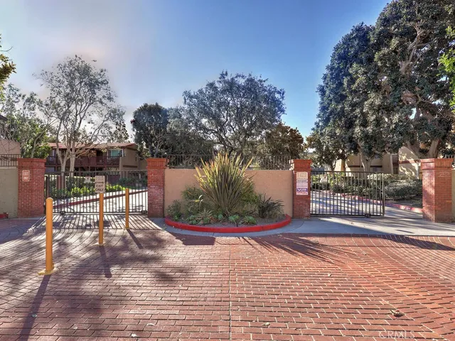 a view of a park with large trees