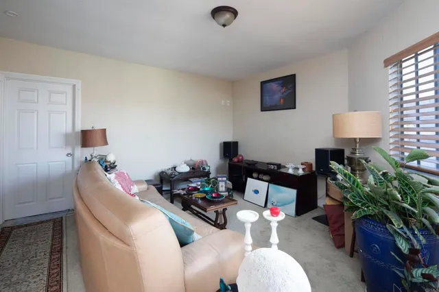 a living room with furniture and a potted plant