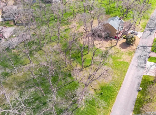 a aerial view of a house with a yard and large trees