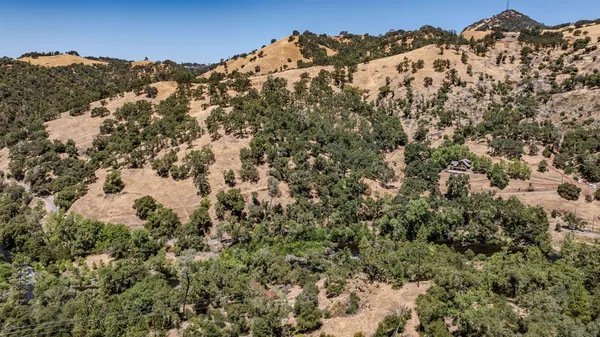 a view of a white building with a yard