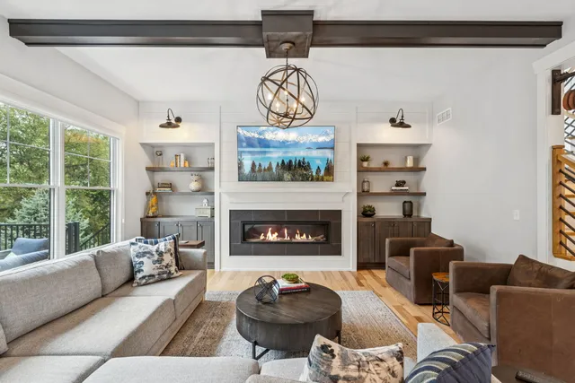 a living room with furniture a rug potted plant and a large window