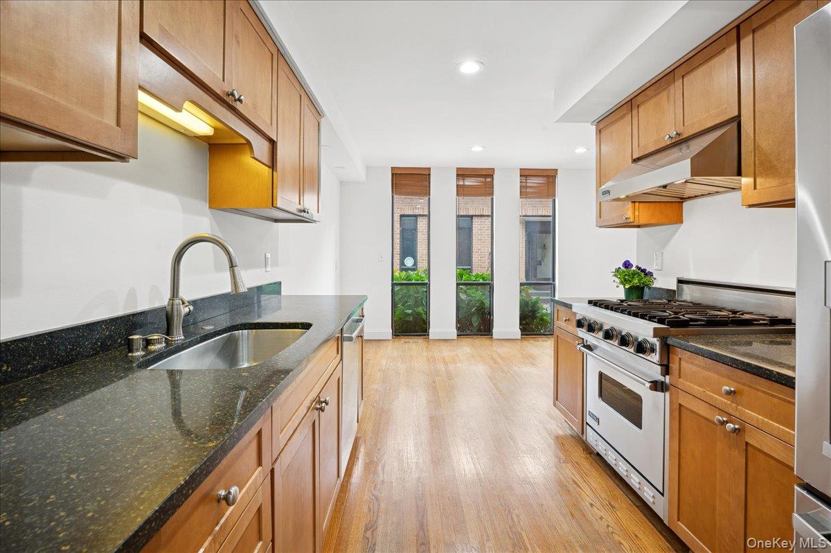 70 Waters Edge, Unit 70 Rye, NY 10580 - Photo 21 of 44 Kitchen with appliances with stainless steel finishes, recessed lighting, under cabinet range hood, dark stone counters, and light wood-type flooring