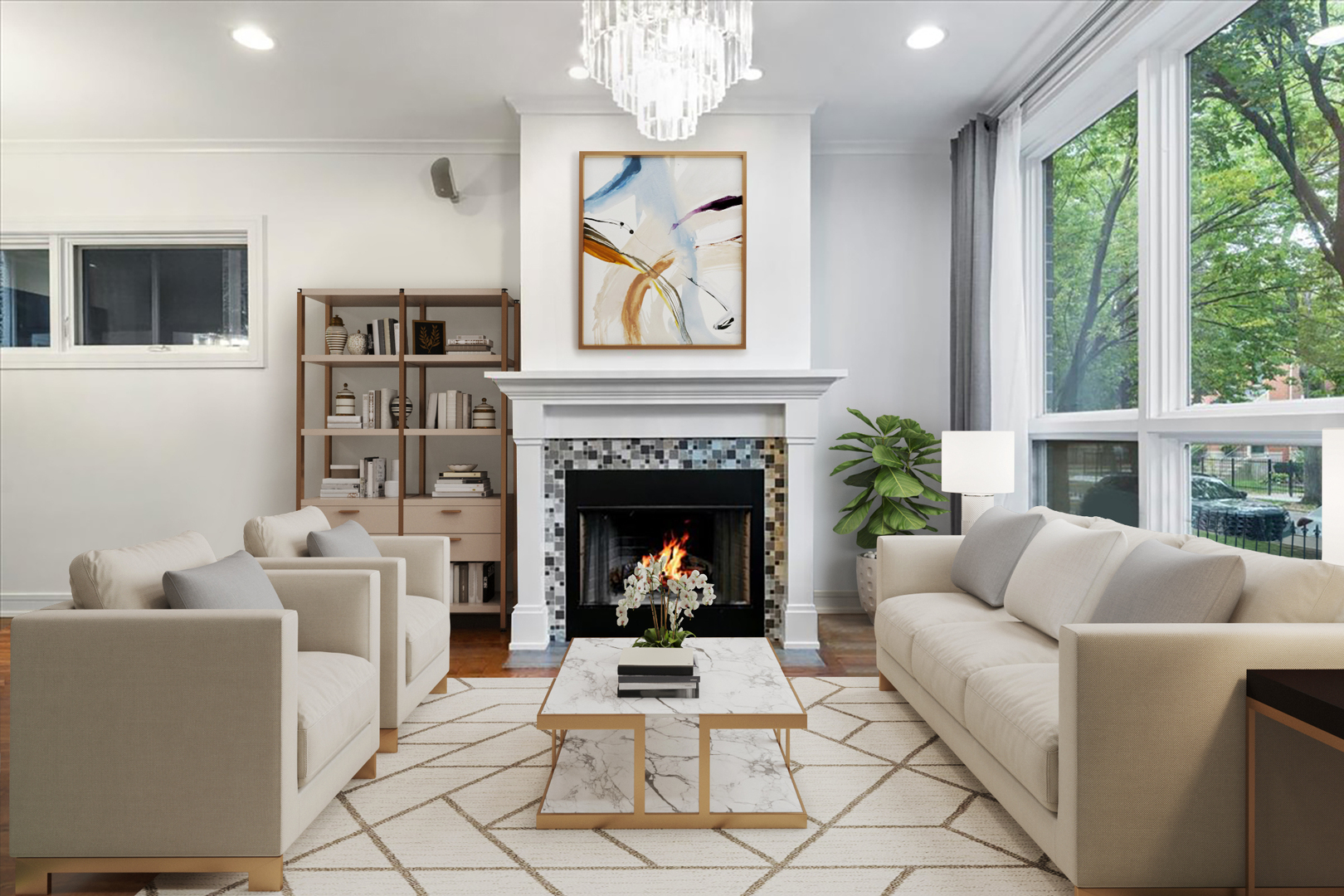 1515 North Mohawk Street, Unit 1 Chicago, IL 60610 - Photo 3 of 34 a living room with furniture a chandelier and a fireplace