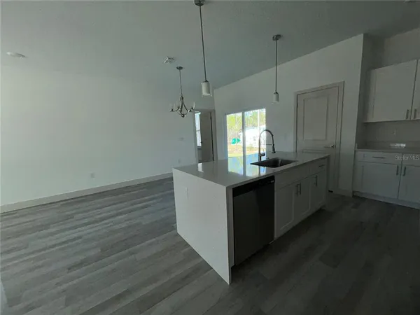 a kitchen with kitchen island sink and wooden floor