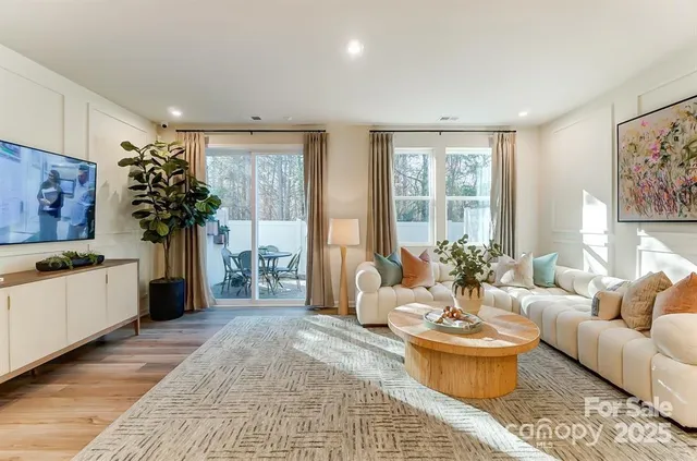 a living room with furniture and a potted plant