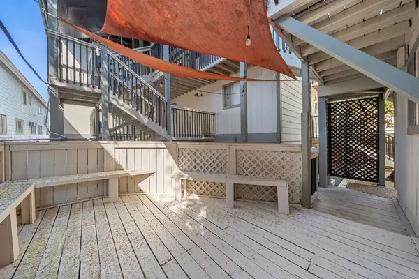 an outdoor space with seating