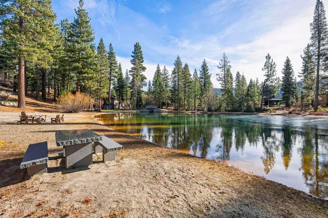 a view of a lake with a bench and trees