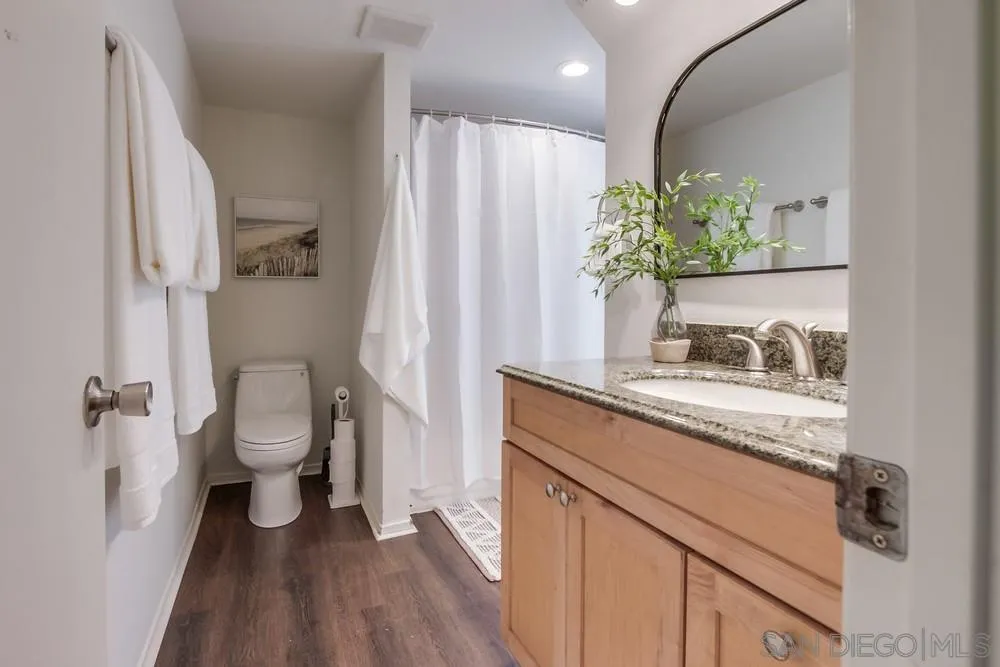 303-305 Sanford Street Encinitas, CA 92024 - Photo 15 of 41 a bathroom with a sink a toilet and shower curtain