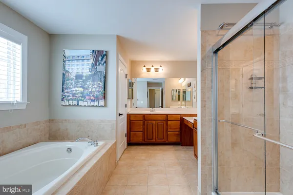 a bathroom with a tub a sink shower and mirror
