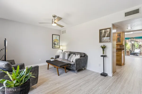 a living room with furniture a wooden floor and a potted plant