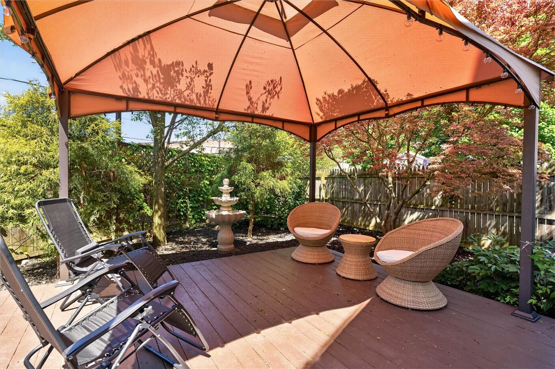 34 Erion Crescent Rochester, NY 14607 - Photo 43 of 49 backyard deck, gazebo and water feature