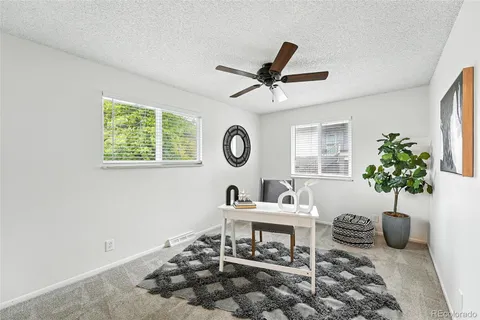 a living room with furniture and a potted plant