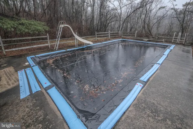 a view of a patio with table and chairs under an umbrella with large trees