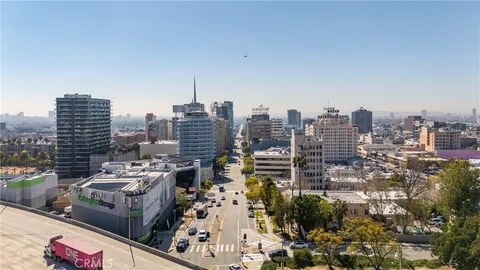 a city view with tall buildings