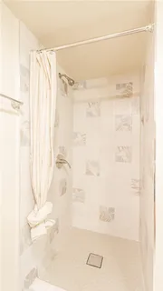a bathroom with a shower curtain and a bathtub