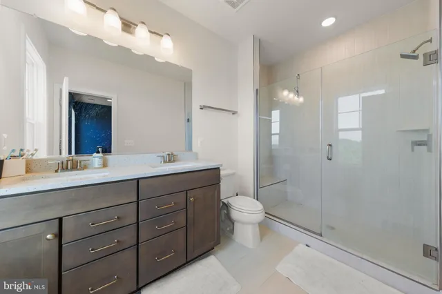 a bathroom with a double vanity sink toilet a mirror and shower
