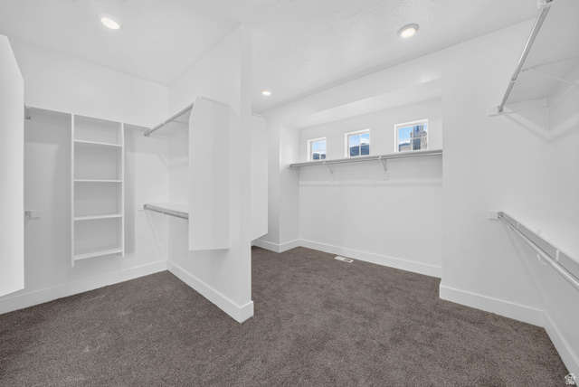 1002 West Temple Rim Lane Payson, UT 84651 - Photo 32 of 68 Walk-in closet featuring built-in shelving, multiple hanging rods, recessed lighting, and carpet flooring